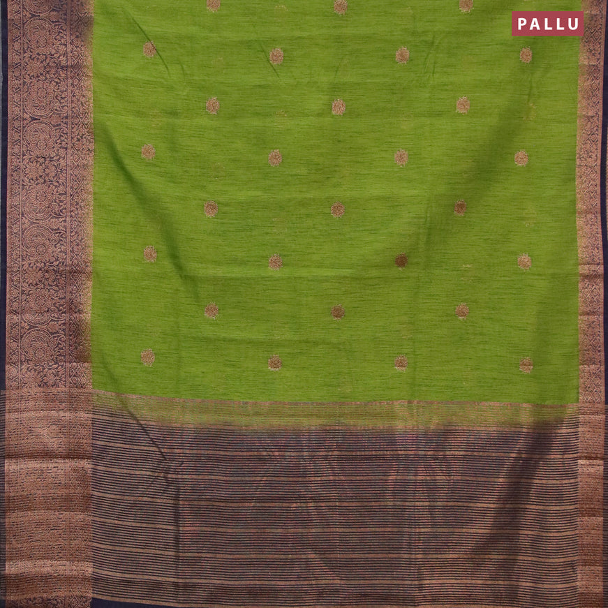 Banarasi semi matka saree light green and navy blue with thread & zari woven buttas and long banarasi style border