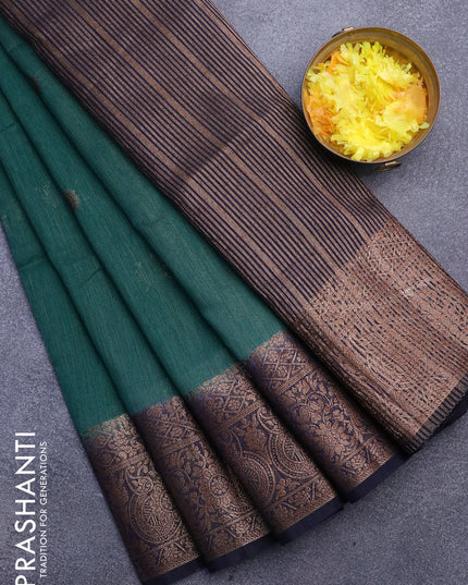 Banarasi semi matka saree green shade and navy blue with thread & zari woven buttas and long banarasi style border