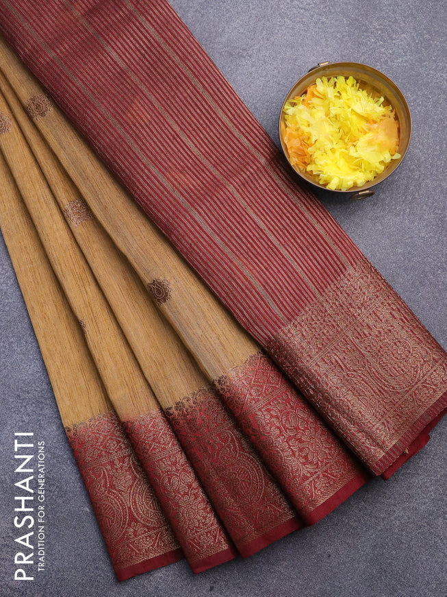 Banarasi semi matka saree sandal and maroon with thread & zari woven buttas and long banarasi style border
