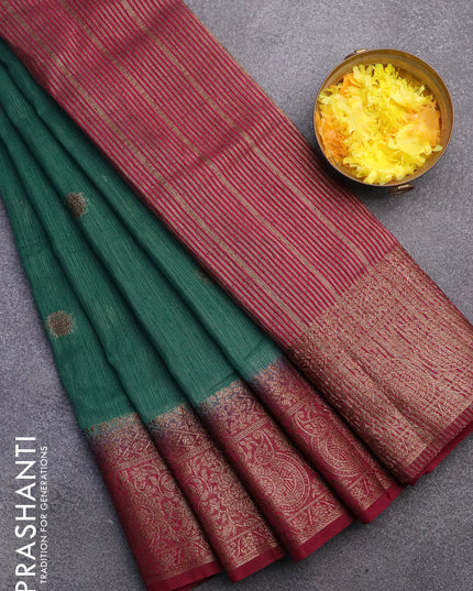 Banarasi semi matka saree green shade and dark magenta with thread & zari woven buttas and long banarasi style border