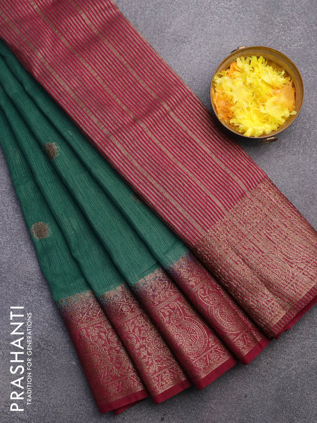 Banarasi semi matka saree green shade and dark magenta with thread & zari woven buttas and long banarasi style border