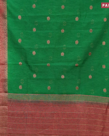 Banarasi semi matka saree green and maroon with thread & zari woven buttas and long banarasi style border