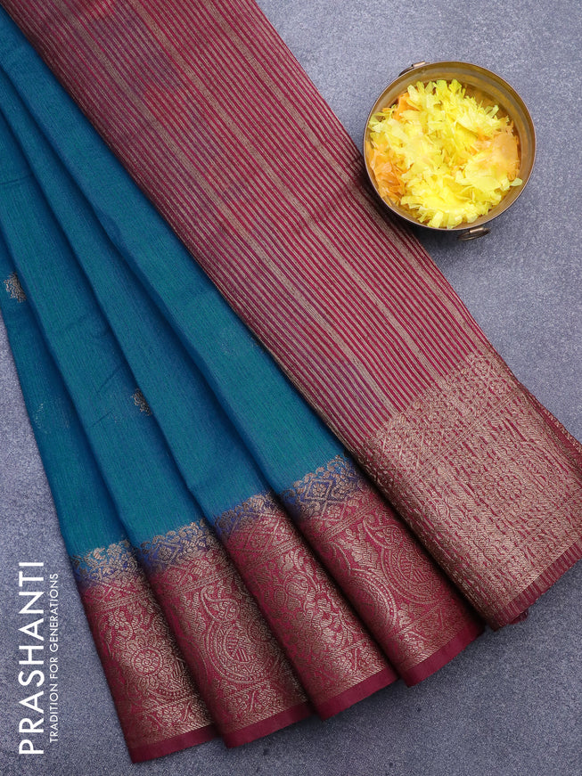 Banarasi semi matka saree cs blue and dark magenta with thread & zari woven buttas and long banarasi style border
