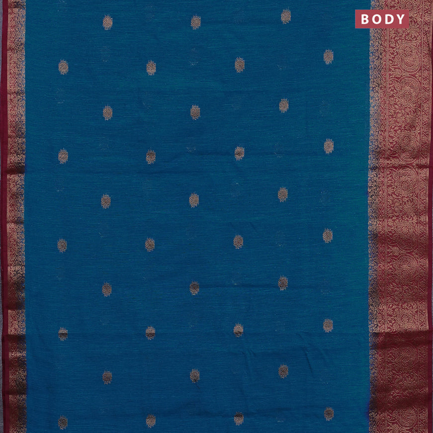 Banarasi semi matka saree cs blue and dark magenta with thread & zari woven buttas and long banarasi style border