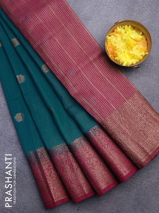 Banarasi semi matka saree teal green shade and dark magenta with thread & zari woven buttas and long banarasi style border