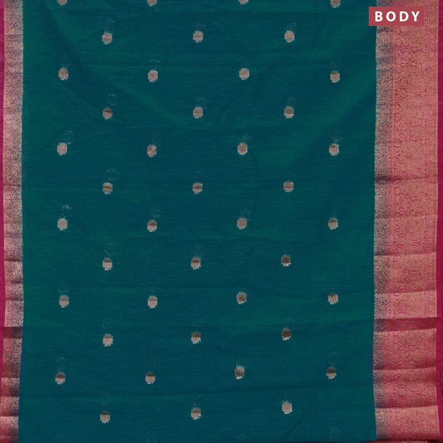 Banarasi semi matka saree teal green shade and dark magenta with thread & zari woven buttas and long banarasi style border