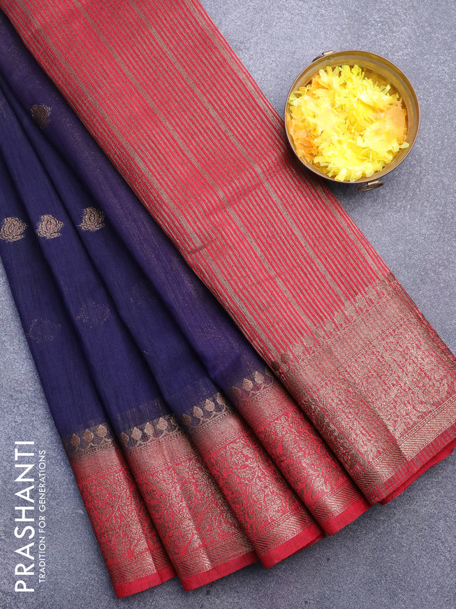 Banarasi semi matka saree dark blue and red with thread & zari woven buttas and long banarasi style border