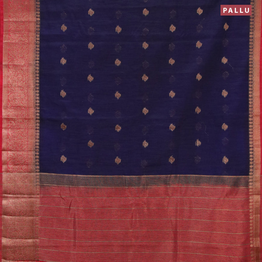Banarasi semi matka saree dark blue and red with thread & zari woven buttas and long banarasi style border