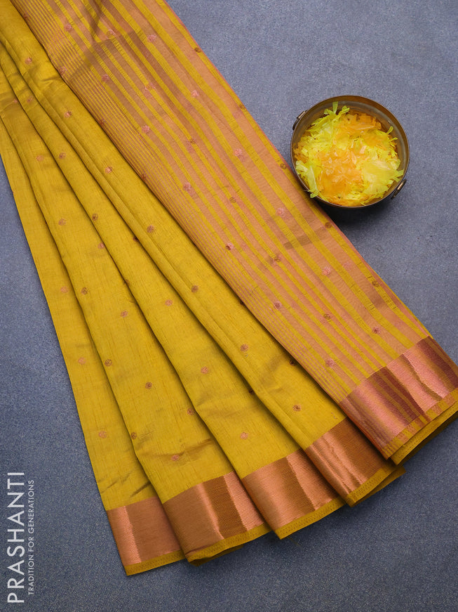 Semi raw silk saree mustard yellow with allover copper zari woven buttas and copper zari woven border