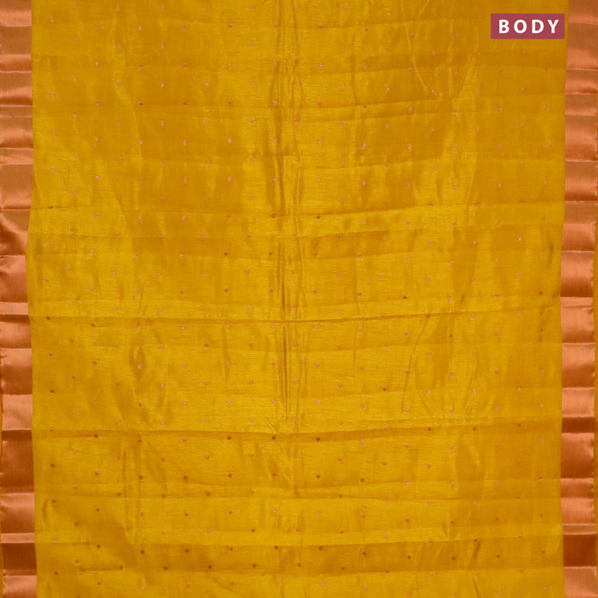 Semi raw silk saree mustard yellow with allover copper zari woven buttas and copper zari woven border