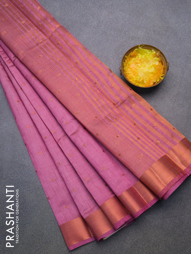 Semi raw silk saree mauve pink with allover copper zari woven buttas and copper zari woven border