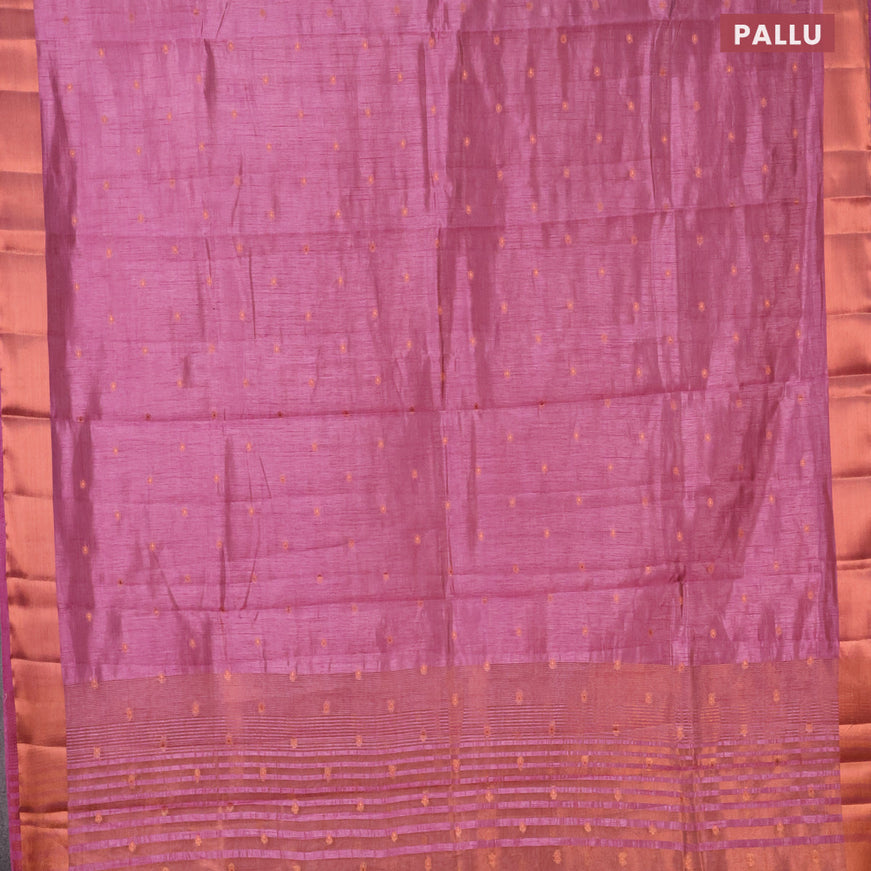 Semi raw silk saree mauve pink with allover copper zari woven buttas and copper zari woven border