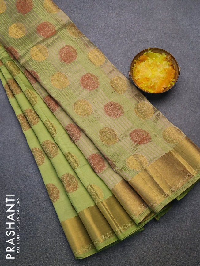 Semi raw silk saree pista green with thread & zari woven buttas and zari woven border