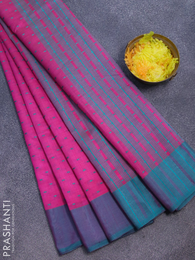 Semi raw silk saree magenta pink and dual shade of teal blue with allover thread woven buttas and simple border