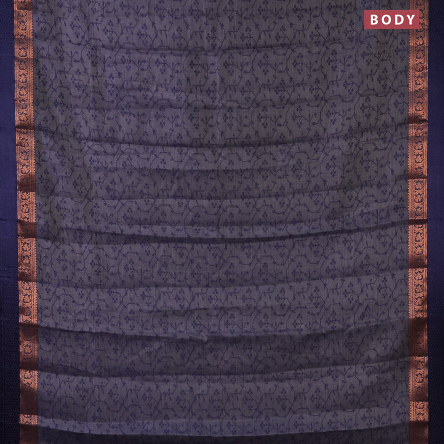 Semi raw silk saree navy blue with allover self emboss and copper zari woven simple border