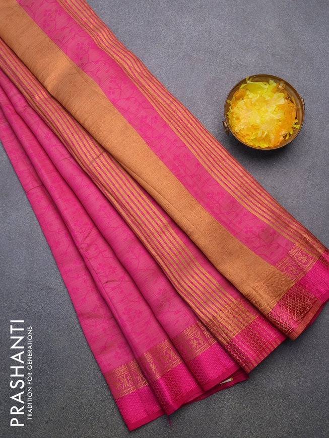 Semi raw silk saree magenta pink with allover self emboss and copper zari woven simple border