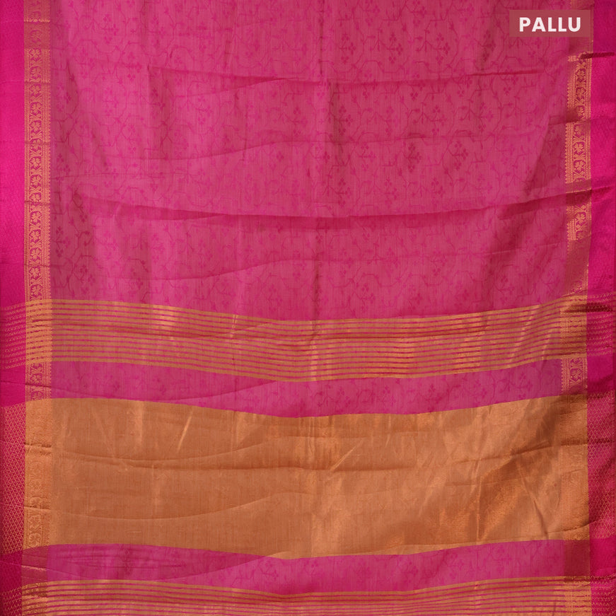 Semi raw silk saree magenta pink with allover self emboss and copper zari woven simple border