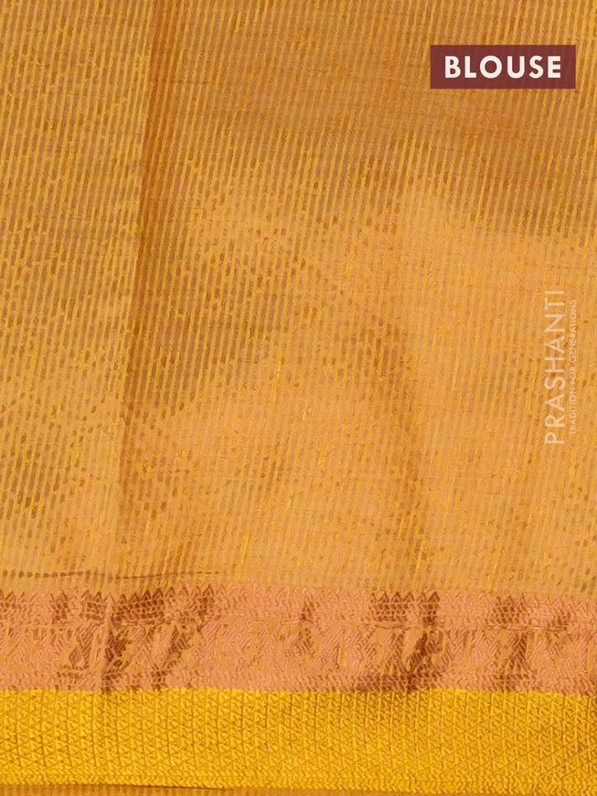 Semi raw silk saree mustard yellow with allover self emboss and copper zari woven simple border