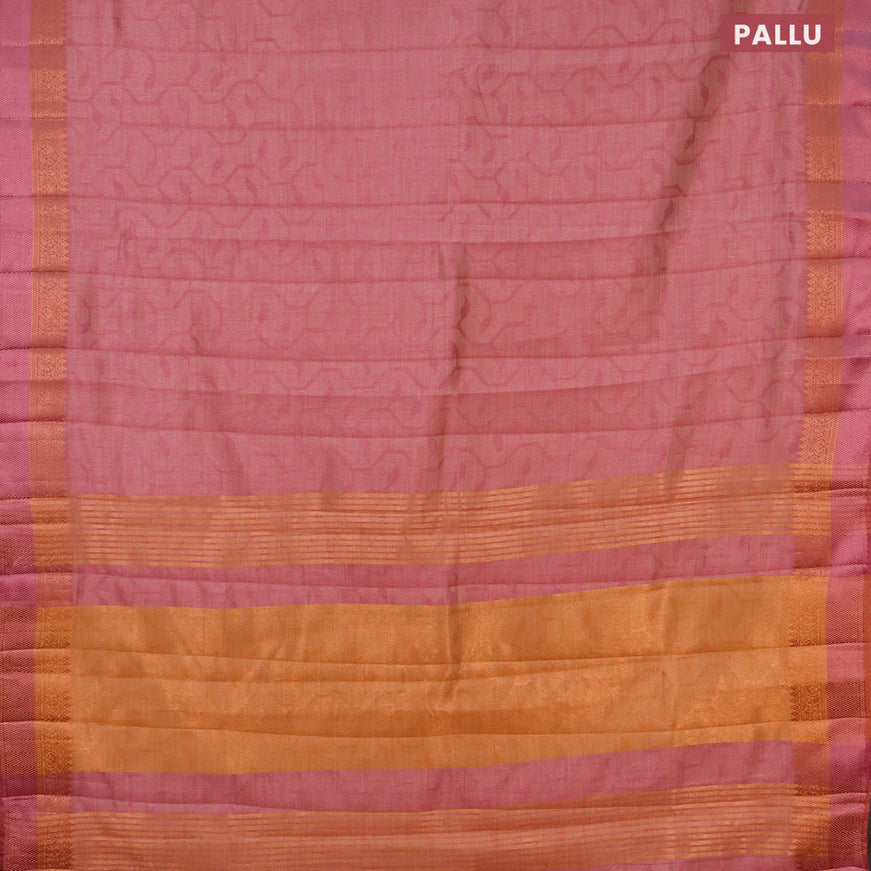 Semi raw silk saree mauve pink with allover self emboss and copper zari woven simple border