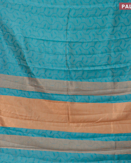 Semi raw silk saree teal blue with allover self emboss and copper zari woven simple border