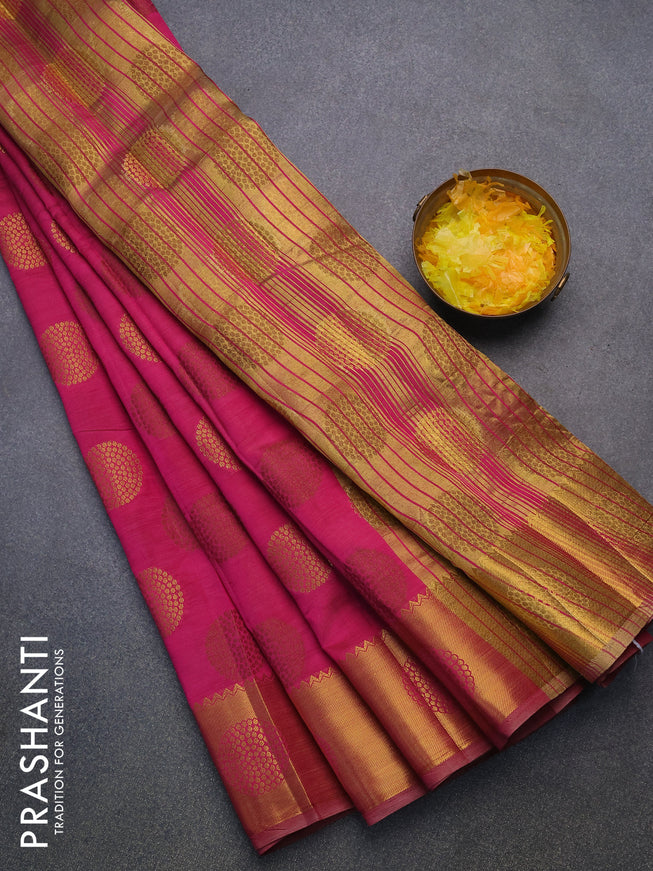 Semi raw silk saree magenta pink with allover thread & zari woven buttas and zari woven border