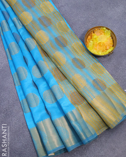 Semi raw silk saree blue with allover thread & zari woven buttas and zari woven border