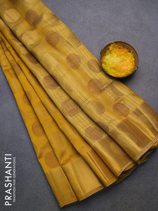 Semi raw silk saree mustard yellow with allover thread & zari woven buttas and zari woven border