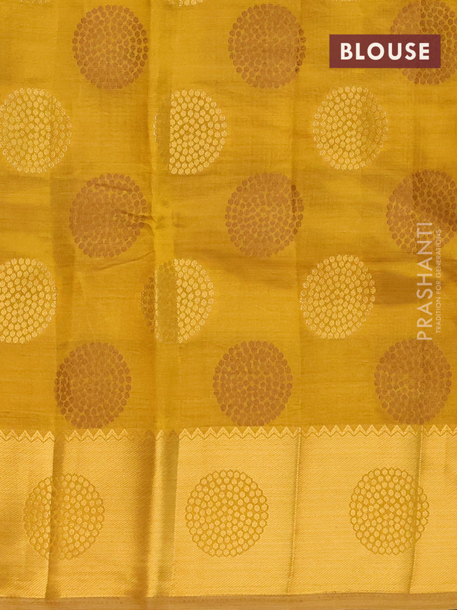Semi raw silk saree mustard yellow with allover thread & zari woven buttas and zari woven border