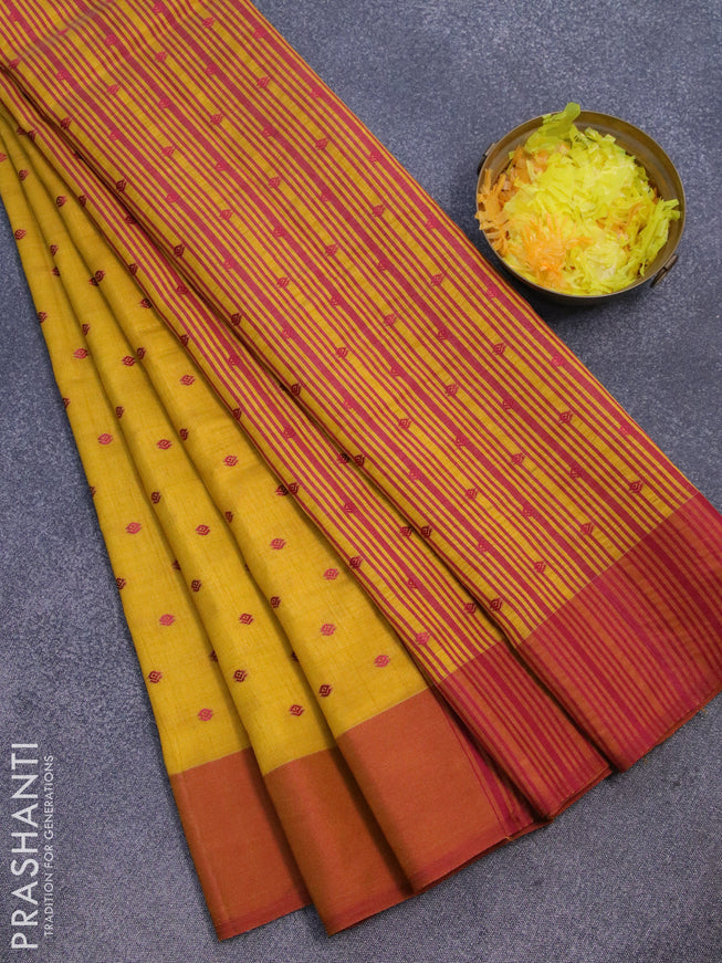 Semi raw silk saree mustard yellow and dual shade of dark mustard with allover thread woven buttas and simple border