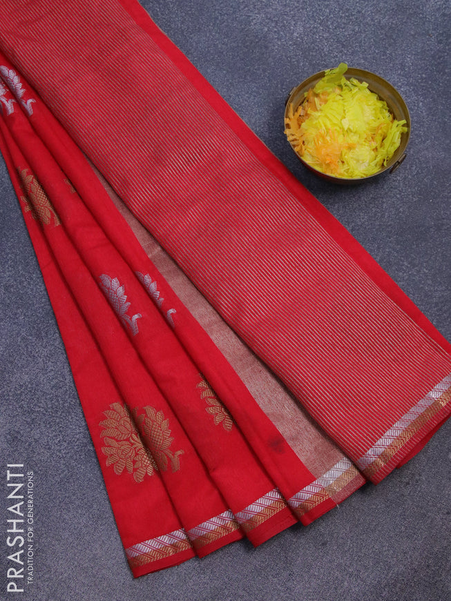 Semi raw silk saree red with thread & zari woven floral buttas and woven border
