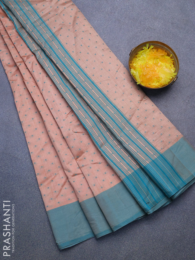 Semi raw silk saree sandal and dual shade of teal green with allover thread woven buttas and simple border
