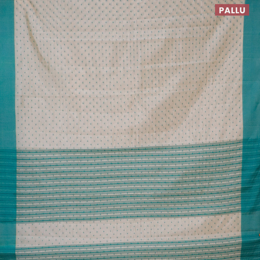 Semi raw silk saree cream and teal blue shade with allover thread woven buttas and simple border