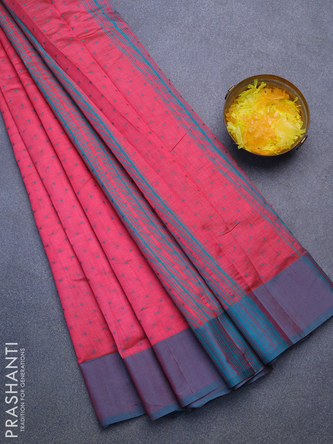 Semi raw silk saree pink and dual shade of teal green with allover thread woven buttas and simple border