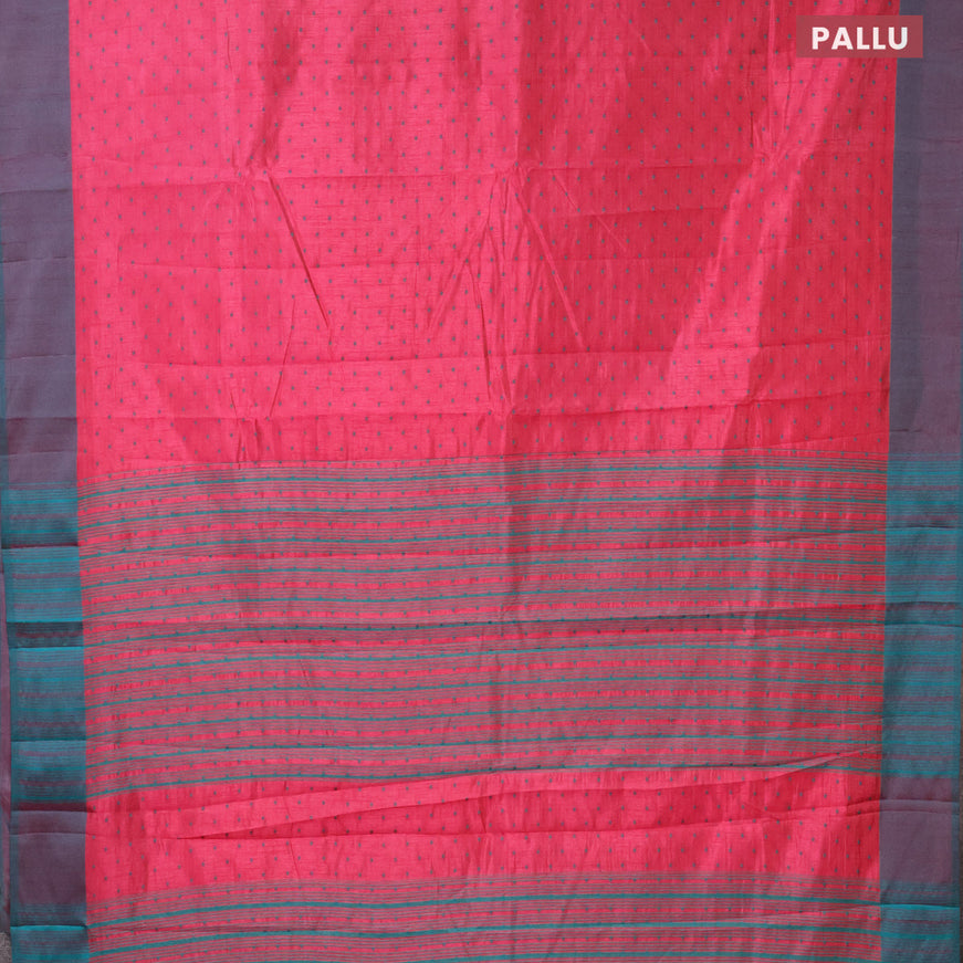 Semi raw silk saree pink and dual shade of teal green with allover thread woven buttas and simple border