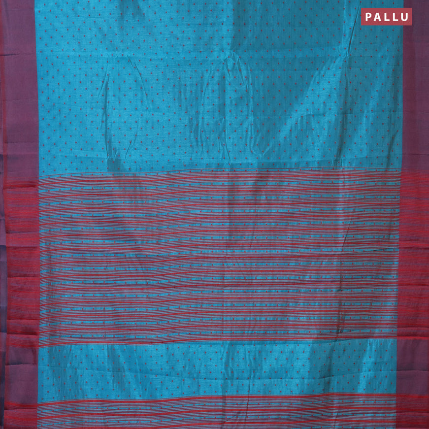 Semi raw silk saree blue and dual shade of maroonish blue with allover thread woven buttas and simple border