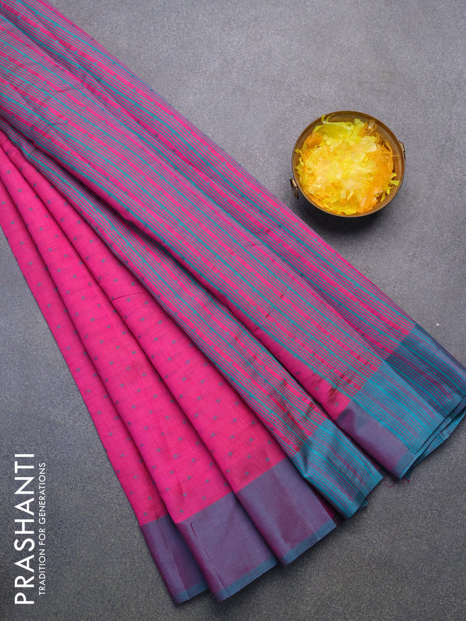 Semi raw silk saree magenta pink and dual shade of teal green with allover thread woven buttas and simple border