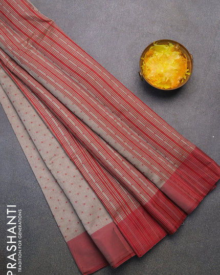 Semi raw silk saree grey shade and maroon with allover thread woven buttas and simple border