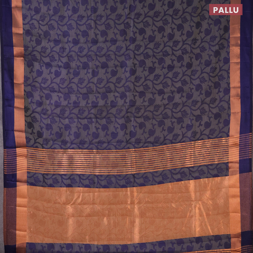 Semi raw silk saree navy blue with allover self emboss and copper zari woven simple border