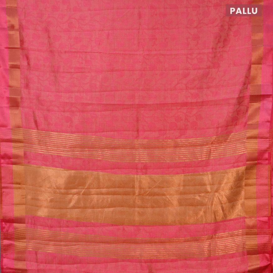 Semi raw silk saree peach pink with allover self emboss and copper zari woven simple border