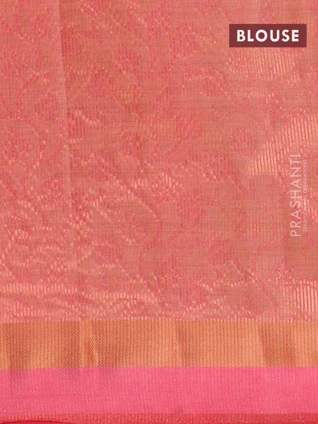 Semi raw silk saree peach pink with allover self emboss and copper zari woven simple border