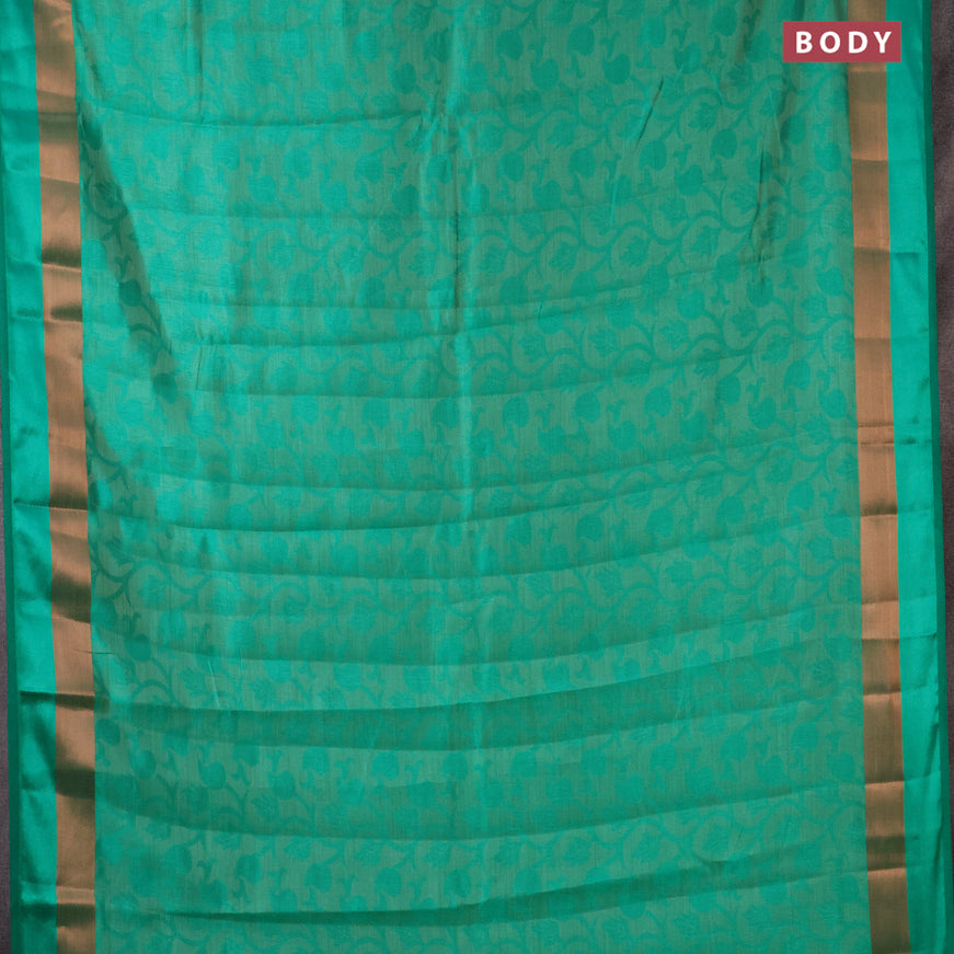 Semi raw silk saree teal green with allover self emboss and copper zari woven simple border