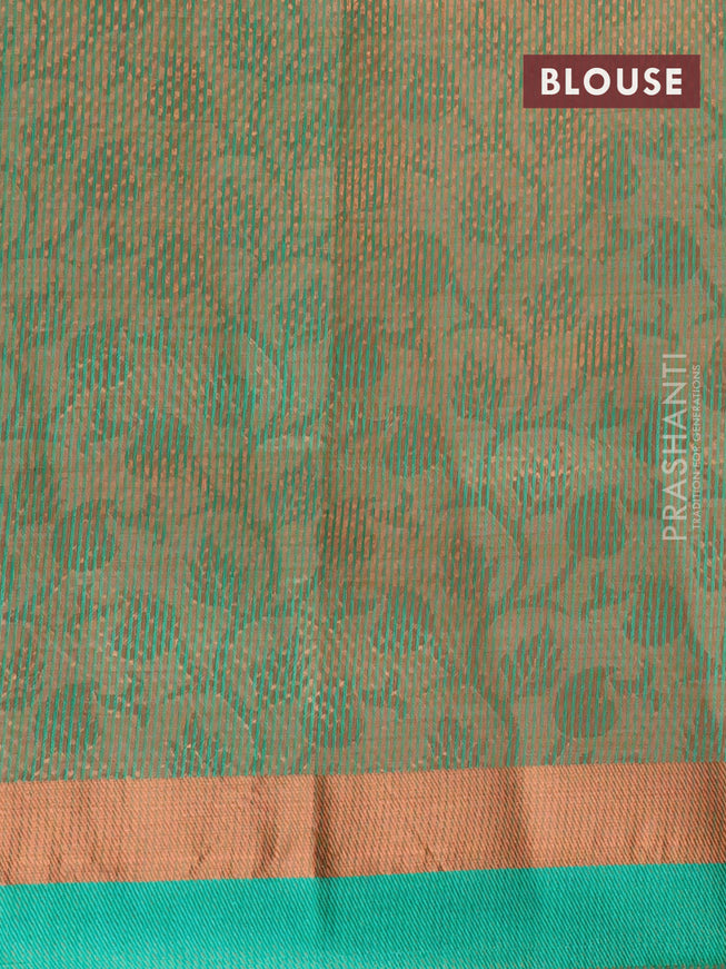 Semi raw silk saree teal green with allover self emboss and copper zari woven simple border
