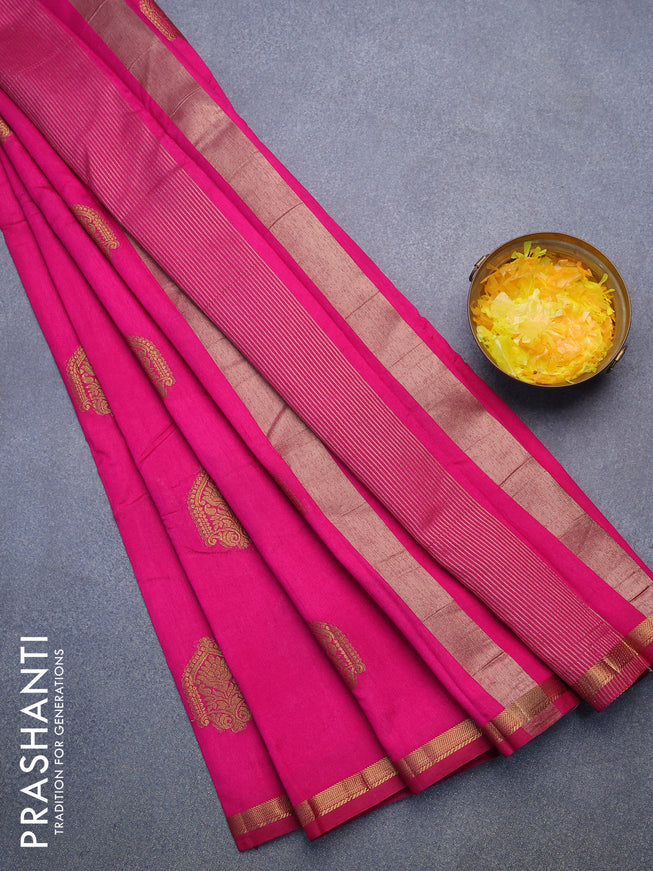 Semi raw silk saree magenta pink with zari woven buttas and small zari woven border