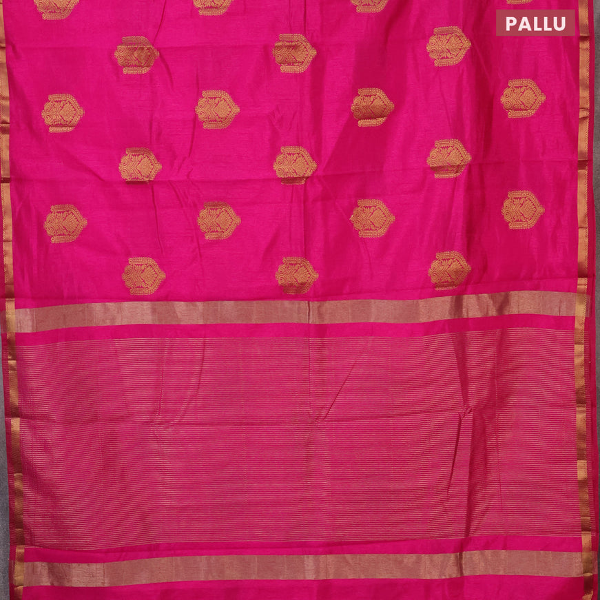 Semi raw silk saree magenta pink with zari woven buttas and small zari woven border