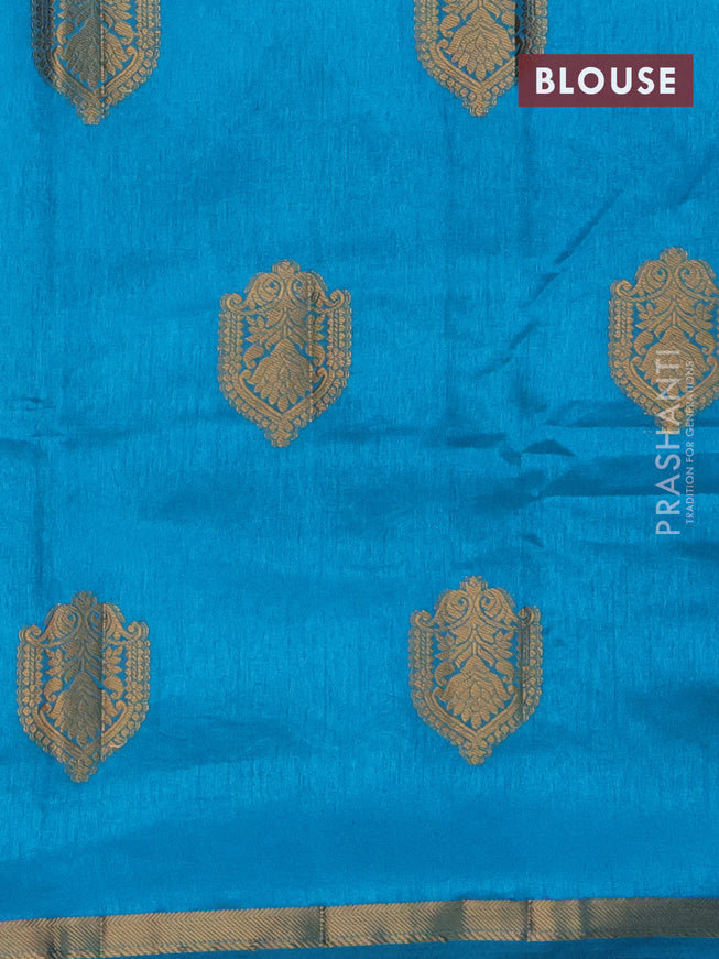 Semi raw silk saree teal blue with zari woven buttas and small zari woven border