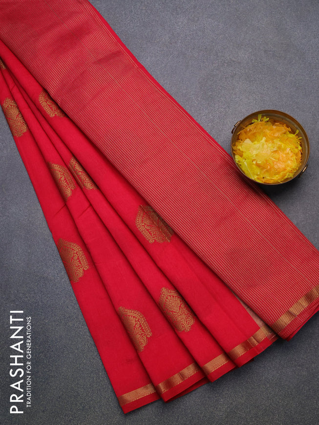 Semi raw silk saree dark pink with zari woven buttas and small zari woven border