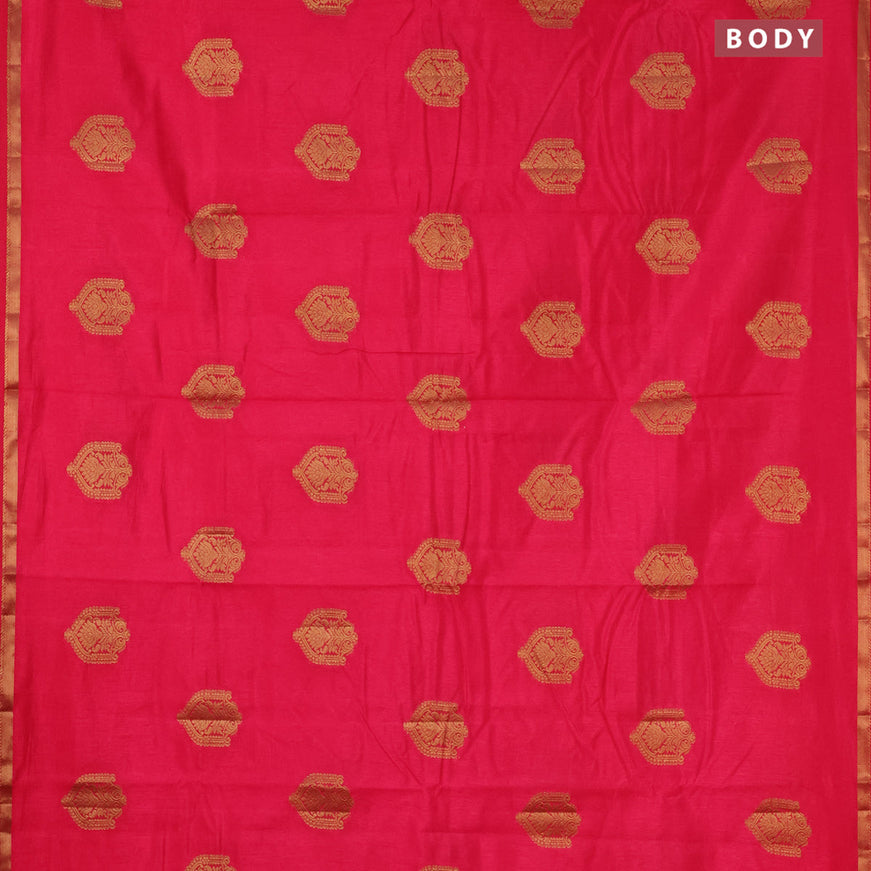 Semi raw silk saree dark pink with zari woven buttas and small zari woven border