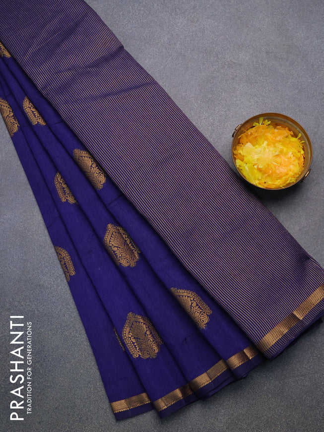 Semi raw silk saree dark blue with zari woven buttas and small zari woven border