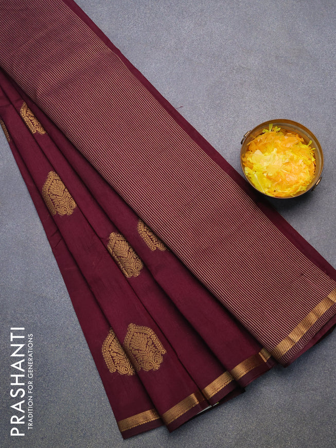 Semi raw silk saree wine shade with zari woven buttas and small zari woven border