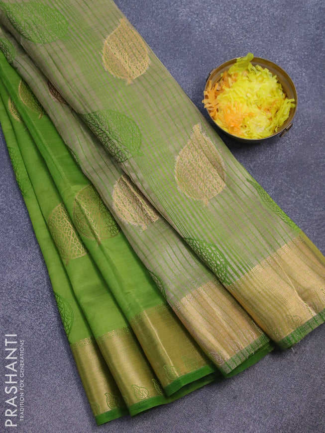 Semi raw silk saree mehendi green with thread & zari woven leaf buttas and zari woven border
